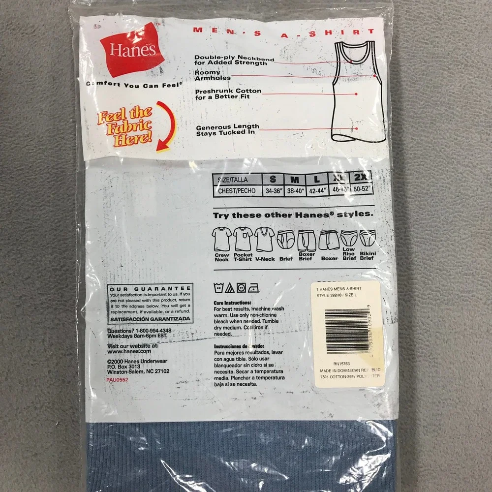 Hanes A-Shirt Ribbed Tank Men's Large Blue New Vintage 2000 Cotton Blend